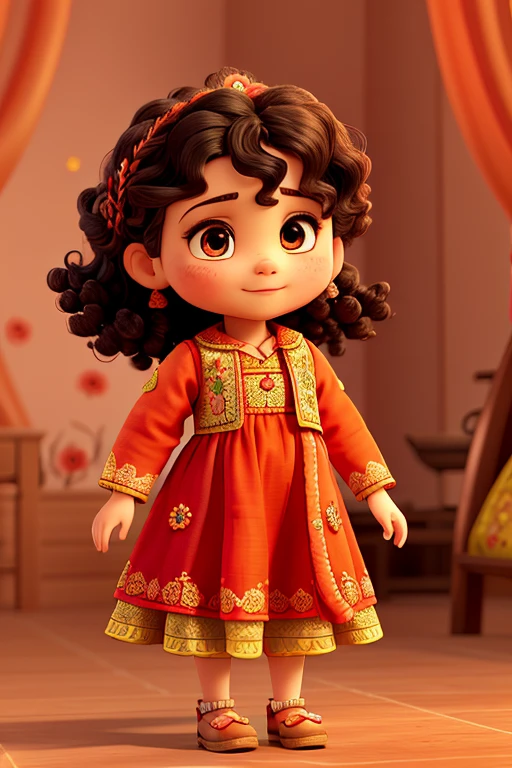 A little curly hair girl, 2 hair braidson front ,showing her mehdni designed hands, Watercolor, perfect quality, (masterpiece: 1.2) (Bokeh background) (Best quality) (Detailed Skin: 1.3) (Intricate Details) (8K) (Detail Eyes) (Sharp Focus), (Happy), best lighting, orange color lehnga , wearing pakistani brand Mohsin Naveed Ranjha Lehnga, cheering, fancy little one bag in hand, orange dress, red dupatta , wearing flip flop slippers in feets, Red Rose Embroidery on dress, Pakistani Dupatta on head , little chubby, wearing full length trousers