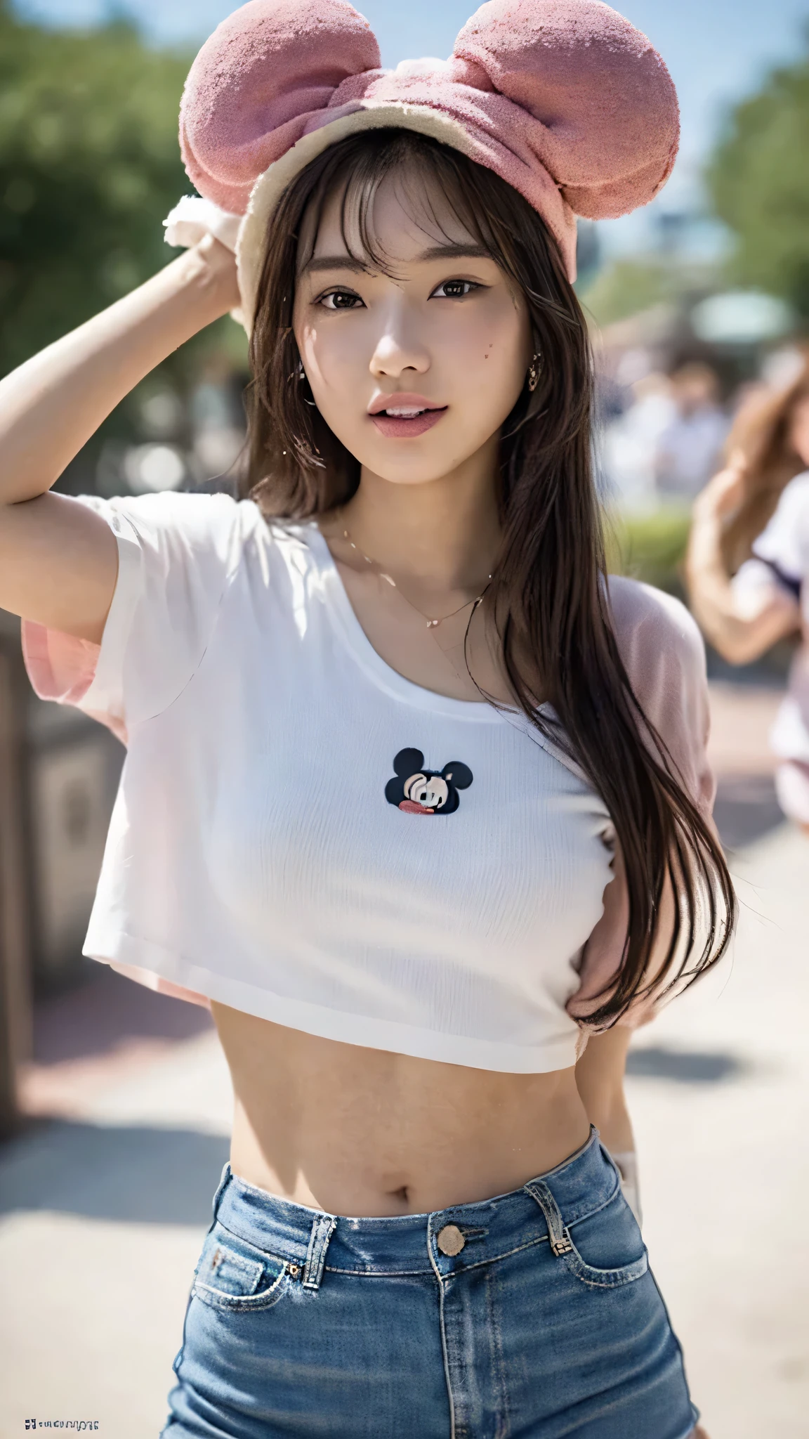 (8K、Raw photography、top-quality、masuter piece:1.2)、ultra-detailliert、ultra res、(realisitic、rialistic photo:1.37)、portlate、high-definition RAW color photography、Professional Photography、highly detailed and beautiful、ighly detailed、8K Picture Wallpaper、amazing detailed、huge filesize、Official art、Highly detailed CG Unity 8K wallpapers、highly detailed beautiful girl、extra detailed face、extremely detailed eye、highlydetailed skin、extremely detailed fingers、highly detailed nose、very detailed detailed mouth、Perfect Anatomy、Detailed background、Detailed clothing、1 girl、(20:1.2)、in her 20s、Cute s、Realistic body、、de pele branca、glistning skin、Slim body、A dark-haired、(((Shaggy hair)))、(bluntbangs: 1.2)、Blunt bangs: 1.2)、kawaii、kawaii faces、Realistic face、Delicate eyes、Sauce order、(((Disney land)))、((Minnie Mouse Hat))、((FULL BODYSHOT))、((Stylish white t-shirt))、((Ultra white mini skirt))、(((no-bra)))、((Pull shot))、earrings、a necklace、((Frontal shot))、((Play with open arms))、(((Hair that flutters in the wind)))、Looking at the camera、cowboy shot、Contrapo、Dynamic Lighting、C cup milk、A smile、Opening Mouth、Beautiful legs、