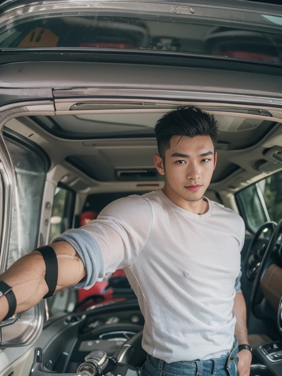 25 age old,Asian men,Realistic, Masterpiece, Best quality, Cinematic, Dynamic lighting, naturalshadow, Ray tracing, voluminetric lighting, Highest detail, Professional photography, Detailed background, Depth of field, insanely details, Intricate, Aesthetic, Detailed face, Detailed skin, Subsurface scattering, photo-realistic hair, Realistic eyes, Muscular, Masculine, Big Pectoral Muscles, (Shiny skin:1), (Sweat:0.5), pecs, Abs, Photo of a handsome man, adeptus mechanicus, Red overalls, mitts, goggles on head, Hold the wrench, workshop, Car,, Fake smile, Dynamic pose,