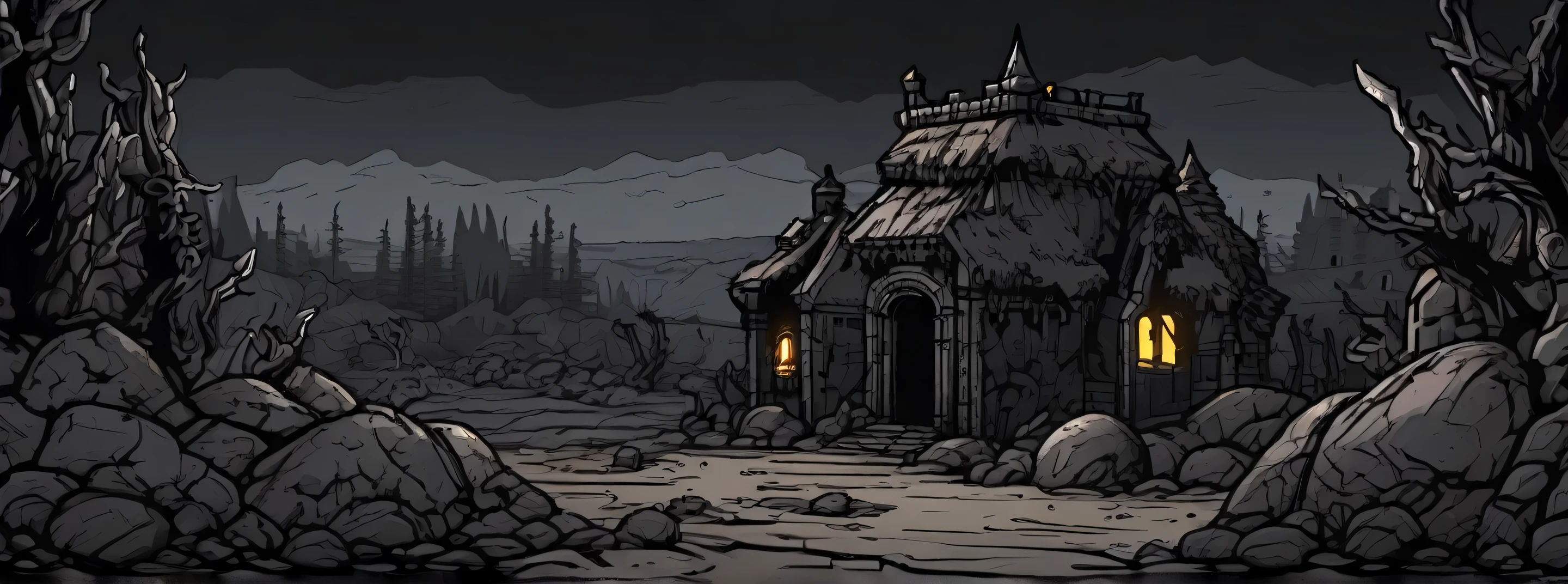 (((darkest dungeon style))), ((darkest dungeon background)), grand wasteland, dark black soil, sand shelter, black dirt, (many black bushes) with pale white berries, black horizon, gray sky, gloomy sky, endless night, (dark lighting), many shadows, cold lights, highly detailed, extremely detailed, masterpiece