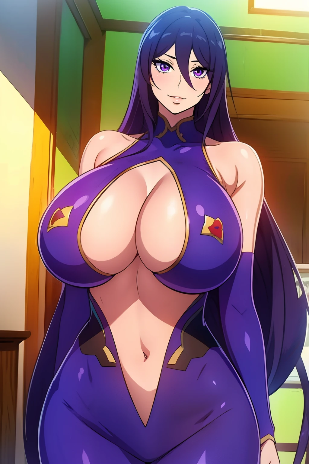 An anime-style artwork depicting Akiyama_Rinko from the game taimanin.
Tags: Akiyama_Rinko, anime, detailed eyes, detailed lips, ass, taimanin-suit and underboob cutout, long hair, solo, huge breasts, (violet eyes), smiling expression, intense gaze, dynamic pose, indoor, palace, vibrant colors, digital art, high-resolution, professional quality, gigantic breasts, curvy, cowboy shot, (gigantic breasts: 1.4),