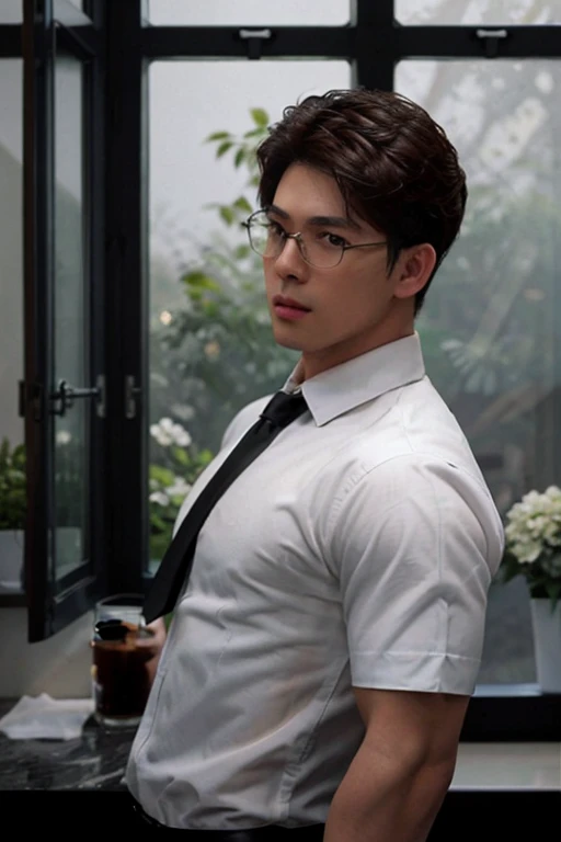 masterpiece, ONYX11, A 28-year-old mature male with strong muscles, Look at me, Line of sight focusing, Stand, Wearing a white short-sleeved shirt, Black tie, Breast flower, Brown hair, Indoor, Outside the window is the garden., Rimless glasses, textured skin, super detail, best quality, 8k