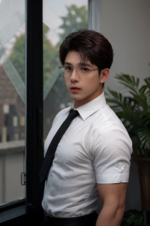 masterpiece, ONYX11, A 28-year-old mature male with strong muscles, Look at me, Line of sight focusing, Stand, Wearing a white short-sleeved shirt, Black tie, Breast flower, Brown hair, Indoor, Outside the window is the garden., Rimless glasses, textured skin, super detail, best quality, 8k