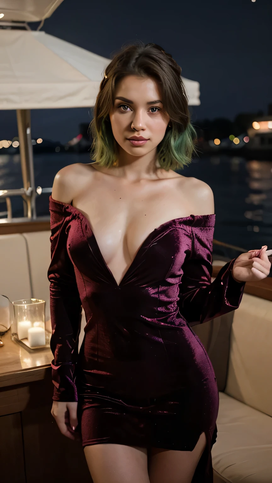 1girls, Nur, green Hair , 24 years old , A beautiful girl chooses an elegant off-the-shoulder velvet dress with a hip-high slit. Faux fur adds a touch of stolen glamour. Ambience: The dinner cruise is illuminated by soft candlelight and guests enjoy gourmet cuisine as they sail through the wintry waters. The sound of gentle waves and a romantic atmosphere. She has short shoulder-length silky hair, big brown eyes, beautiful face, shy appearance, fair skin, hiding her hands, unimpressive, very nice Instagram model, realistic picture. dynamic composition, movement, ultra-detailed, incredibly detailed, lots of detail, incredibly fine details and brush strokes, smooth. The girl will have short hair, shoulder length!