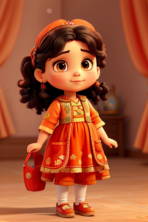 A little curly hair girl, 2 hair braidson front ,showing her mehdni designed hands, Watercolor, perfect quality, (masterpiece: 1.2) (Bokeh background) (Best quality) (Detailed Skin: 1.3) (Intricate Details) (8K) (Detail Eyes) (Sharp Focus), (Happy), best lighting, orange color lehnga , wearing pakistani brand Mohsin Naveed Ranjha Lehnga, cheering, fancy little one bag in hand, orange dress, red dupatta , wearing flip flop slippers in feets, Red Rose Embroidery on dress, Pakistani Dupatta on head , little chubby, wearing full length trousers touching her ancles