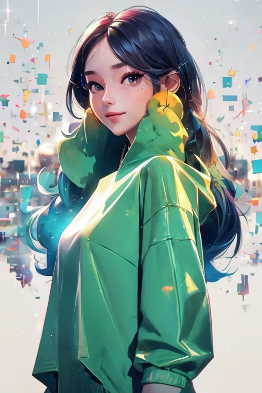 A woman in a colorful outfit posing for a picture, A freckles, cyber girl, pretty face, sparkling simple make up, hippie clothes, sparkling pictures, high quality pictures