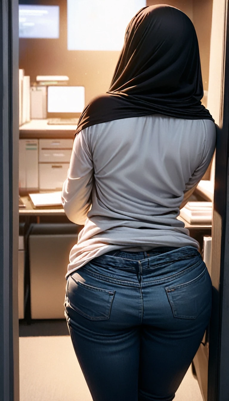 A woman trapped in the office with full of black tiny spiders, wearing hijab, white shirt, pull down her sagging jeans, beautiful face, detail, photorealistic, High quality, ultra detail, cinematic color, midnight, dramatic lighting, panties accidentally exposed, view from behind 