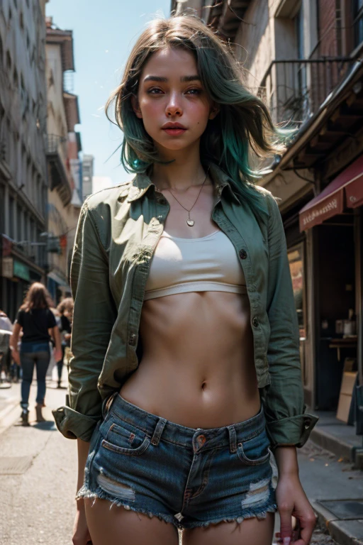 Best Quality, Masterpiece, High Resolution, 8K, (Realistic: 1.4), Ultra High Resolution, 1 Girl, Ultra Detailed, Surreal, Highly Detailed CG Illustration, Official Art, Cinematic Light, Reality, Young Beautiful Girl, Assuming, Posing, Different Perspectives  realistic open shirt open abdomen public Street,green hair