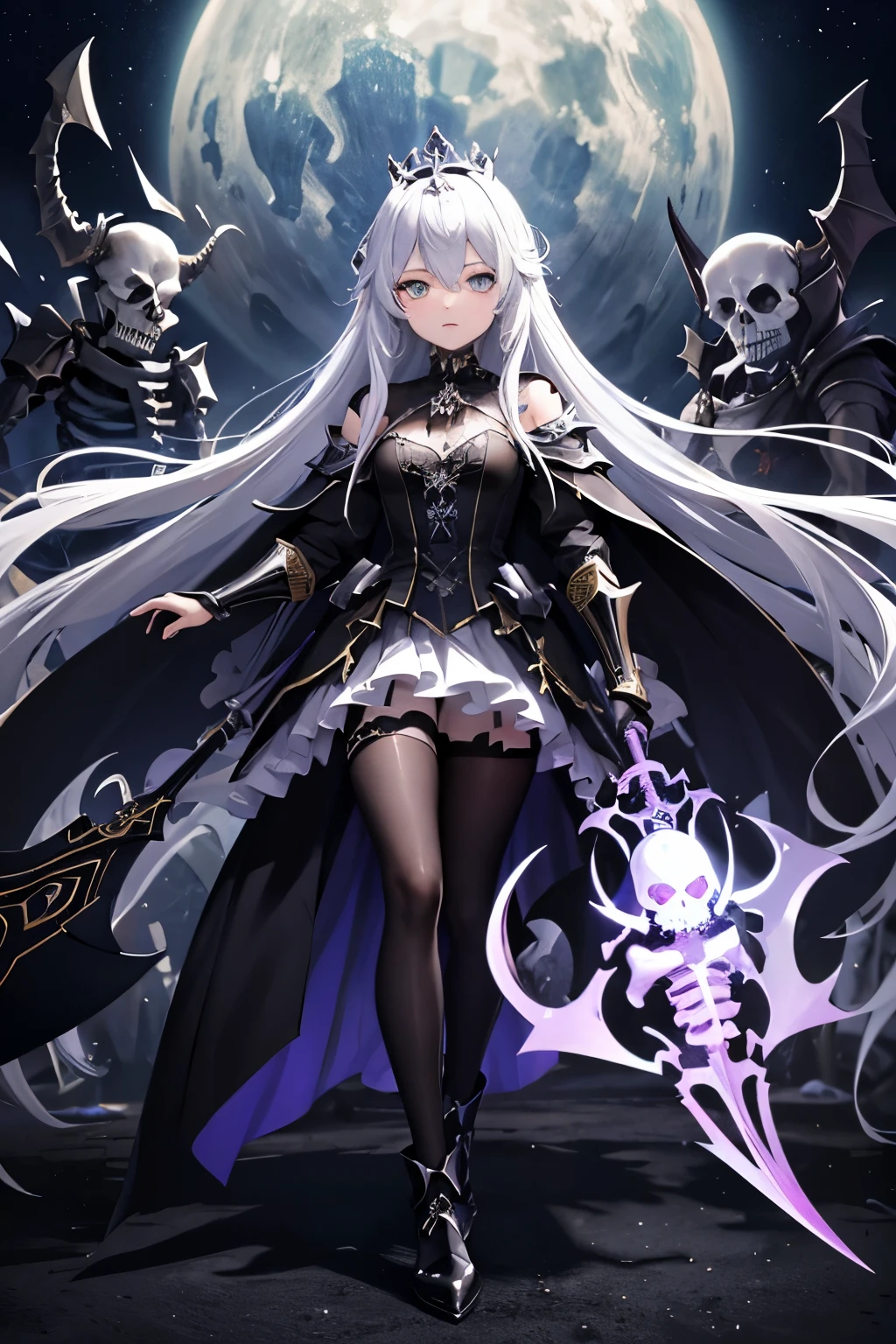 (((highest quality、Masterpiece、Normal body、8k、Detailed face、Ultra-precision、Normal hand、Normal finger、5Finger、supreme)))Golden and silver hair、Princess、dark dress、White and black skirt、Shiny Tiara、Knight Armor、metal boots、death scythe、disaster々New Scythe、Grim Reaper、grim Reaper、Skeleton demon behind、Skeleton demon in background、Skeleton demon behind、Skeleton demon in the background、The End of the Galaxy、Dimensional Destruction、Distorted Universe、Pluralistic World、Dimensional Hole、Imaginary Space