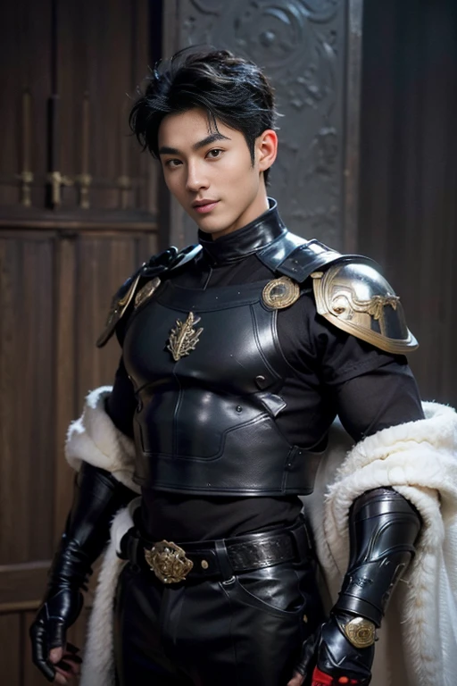 8K,black wolf hair boy,Japanese super handsome(like the real thing),wild boy,black, blue and silver armor(Precise workmanship of the hero's emblem),luxurious black and blue and gold pants,blue and black shoulder armor,blue and black waist armor,blue and black leg armor,muscular slender body,smile,ultra high resolution,super realistic skin,Handsome boy,18 year old boy,Big eyes,A boy who looks good with a smile,Very Big Eyes,