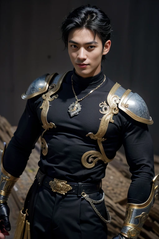 8K,black wolf hair boy,Japanese super handsome(like the real thing),wild boy,black, blue and silver armor(Precise workmanship of the hero&#39;s emblem),luxurious black and blue and gold pants,blue and black shoulder armor,blue and black waist armor,blue and black leg armor,muscular slender body,smile,ultra high resolution,super realistic skin,Handsome boy,18 year old boy,Big eyes,A boy who looks good with a smile,Very Big Eyes,