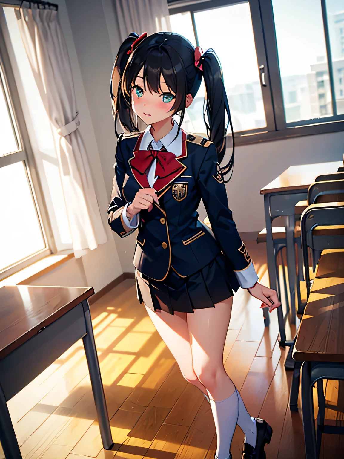 (Representative work: 1.2, highest resolution), (((((highest resolution)))), (((super detail))), Illustration, 1 woman, slim body, student, indoors, glowing hair, angle of view, ( (blushing))), ((heavy breathing))),, perfect face, small breasts, white, perfect thin legs, loafers,, twintails, standing, white socks, full body, classroom, sitting on a chair, top perspective, cute uniform, miniskirt,