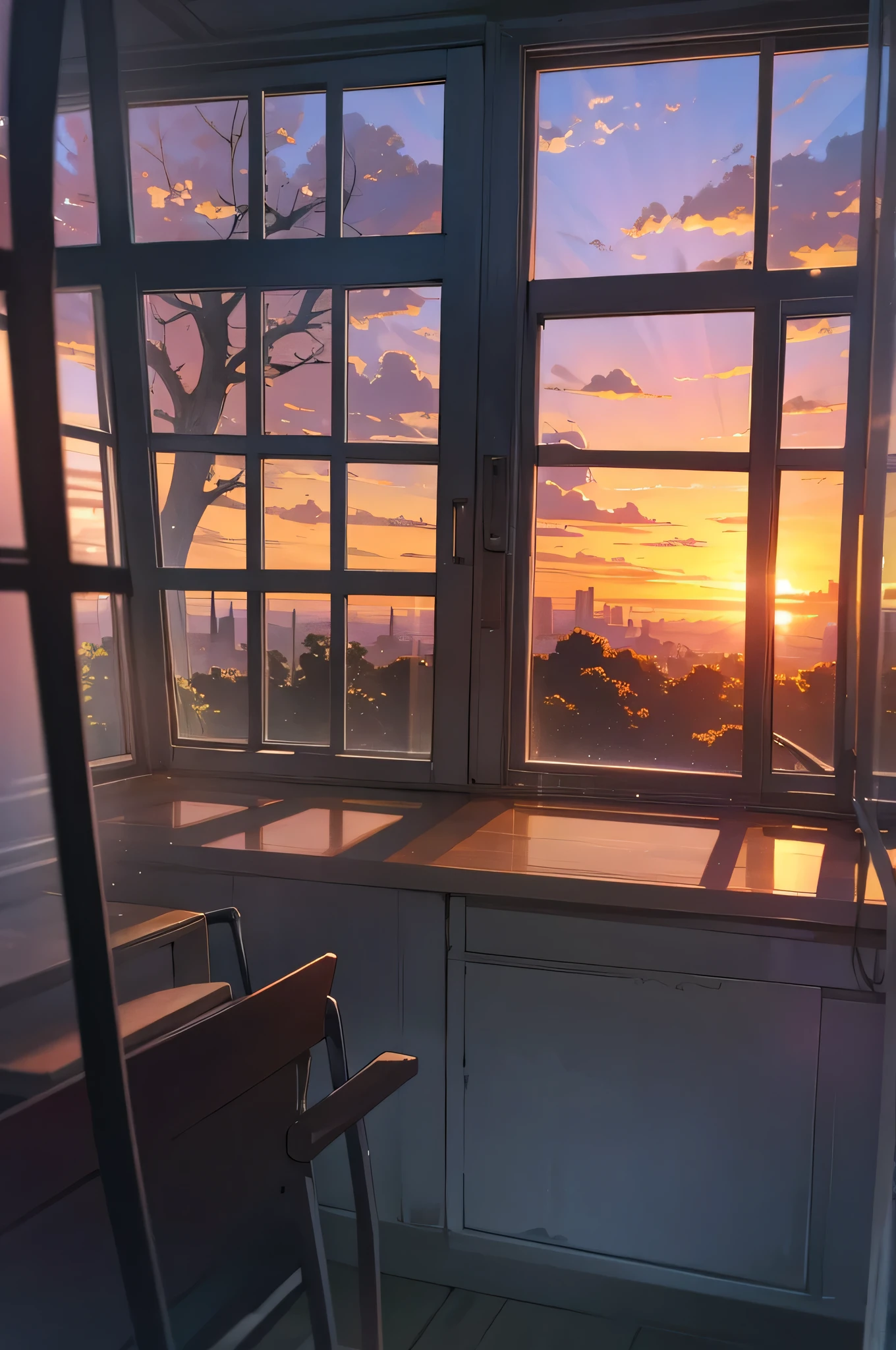 long shot view of sunset through a big window, lots of details, clouds, trees in the distance