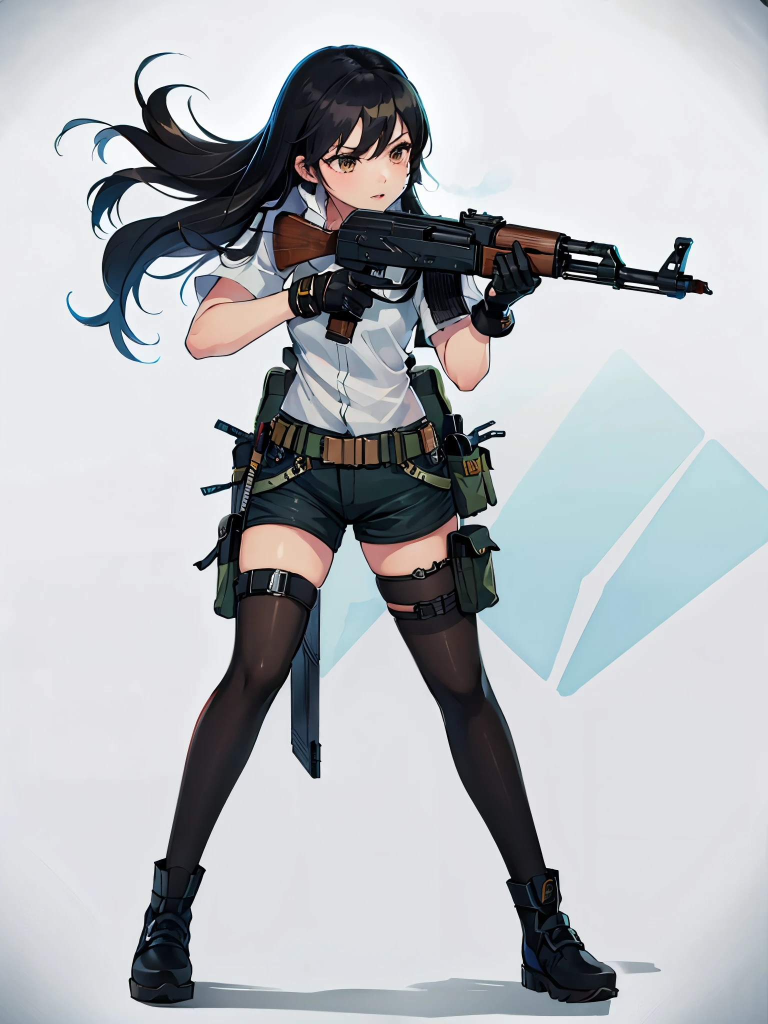 ((best quality)), ((masterpiece)), ((high res)), 1girl, muslim, brown eyes, full body, gloves, black hair, gun, holding and aiming gun, kalashnikov_rifle, holding weapon, holster, kochiy sanae, solo, thigh holster, thigh strap, trigger discipline, weapon, medium hair, matching pantyhose, tights, shorts, serious