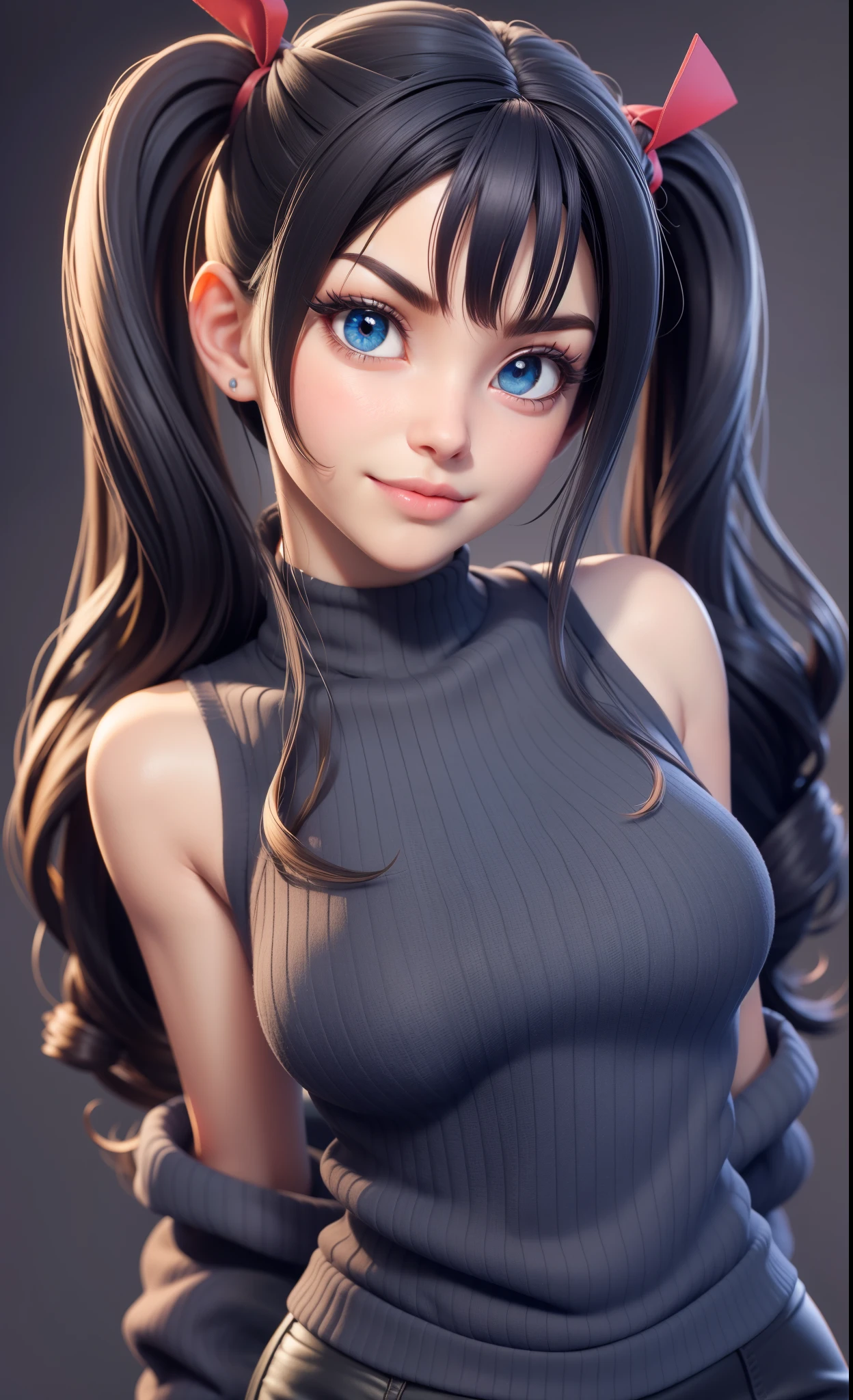 1girl, katara, solo, long hair, messy hair, nude, no bra, Breast Medium, perfect erect nipples, looking at viewer, blue background, black hair, simple background, two side up, turtleneck, blue eyes, lips, luring smile, slightly sexually aroused, voyeurism, ribbon, hair ribbon, bangs, turtleneck sweater, upper body, parted bangs, black ribbon, ribbed sweater, twintails, nose, legs, perfect detailed open wide pussy, nsfw, seductive pose