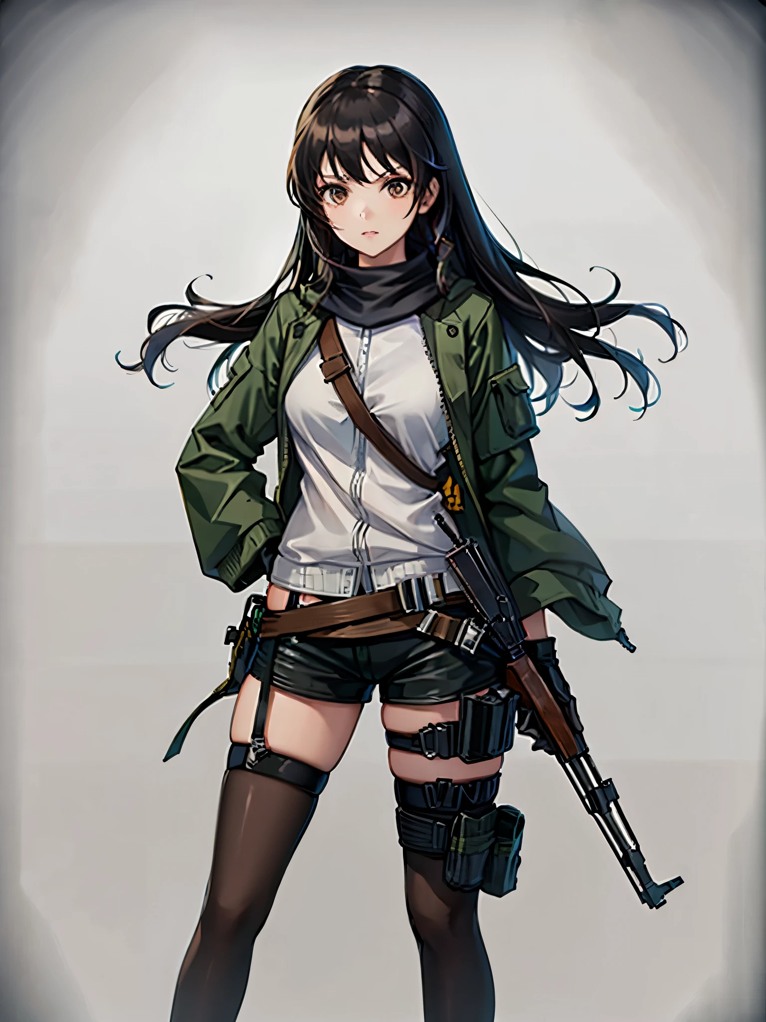 ((best quality)), ((masterpiece)), ((high res)), 1girl, muslim, brown eyes, full body, gloves, black hair, gun, holding and aiming gun, kalashnikov_rifle, holding weapon, holster, kochiy sanae, solo, thigh holster, thigh strap, trigger discipline, weapon, medium hair, matching pantyhose, tights, shorts, serious