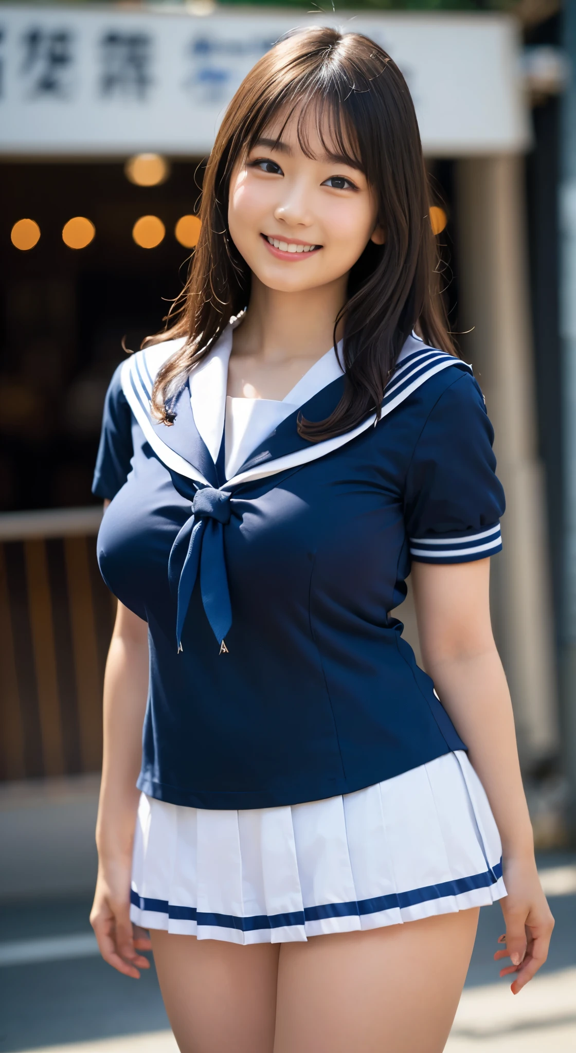 （8k、Raw photo、highest quality、masterpiece：1.2),(:1.3),Staring at the audience,Viewed from the front,White skin,(Wearing a sailor uniform:1.4)、(Big ample breasts:1.3),(Thigh close-up、A beautiful figure、Big breasts and small waist:1.2),Realistic skin type、(double eyelid、Charm:1.2)、Absurd,、超A high resolution,one person, solo,whole body,high school girl,Japanese women,standing,（Photorealistic：1.37）、Photon Mapping,Realistic、(Cute face: 1.5)、(Cute Smile: 1.6)、(Round face: 1.7)、Radio City、Physically Based Rendering、prospect、Depth of written boundary、blurred background,Beautiful feet、 whole body写真、Super Definition