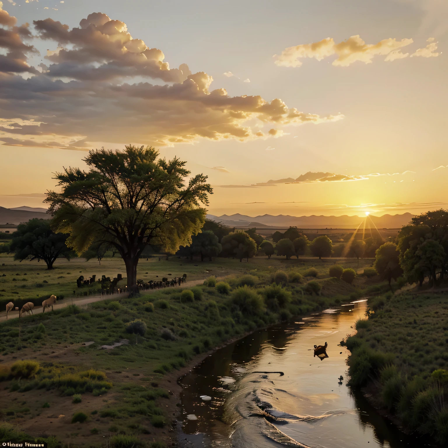 A river flows through the valley, two giraffes graze in a meadow, a vulture flies in the sky. It is the golden hour and the sun is setting.