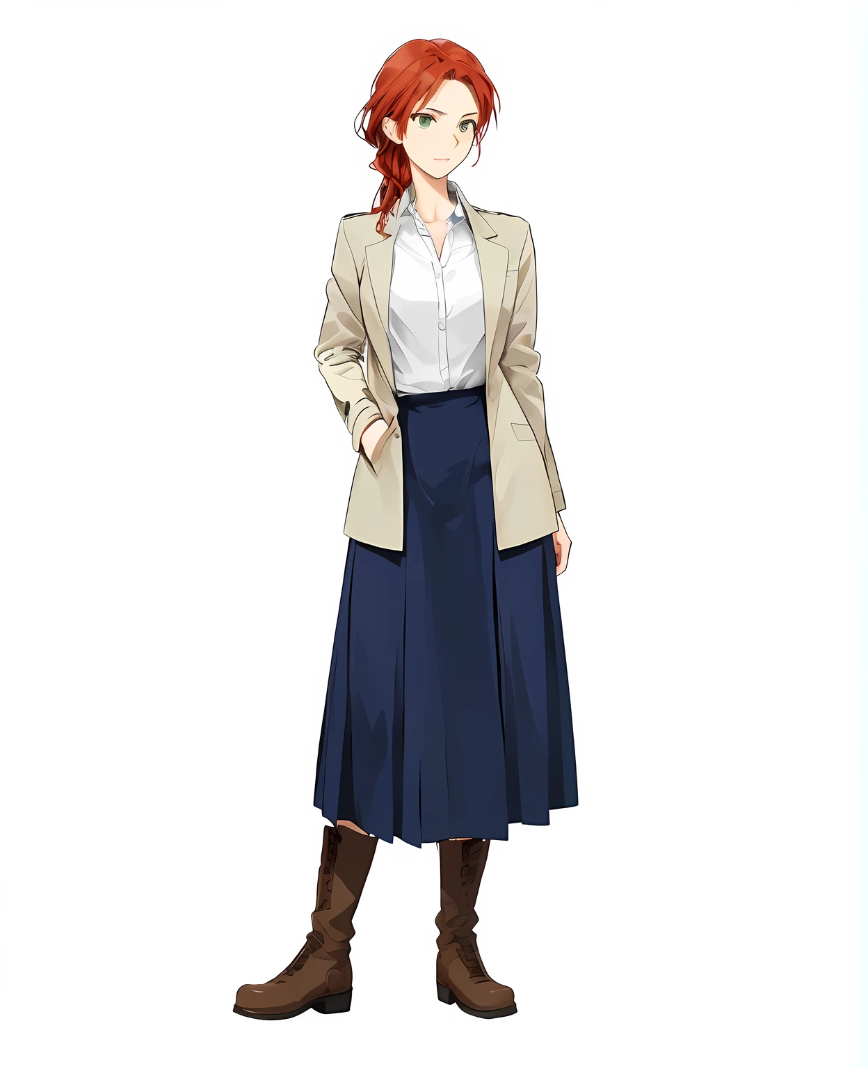 1girl, young woman, anime, slender and lean physique, hands in pocket, brown boots, old patched up dress, plain white button up shirt, grey jacket old,