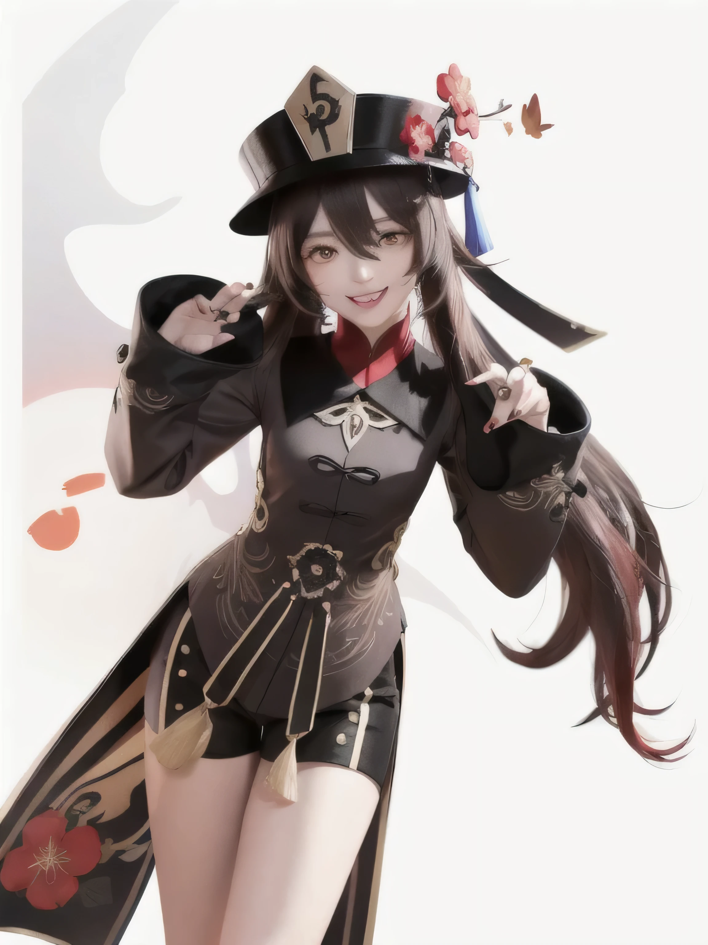 hu tao \(Genshin Impact\), boo tao \(Genshin Impact\), 1 girl, jewelry, smile, has, alone, bead bracelet, flower, black nails, red eyes, ghost, looking at viewer, brown hair, long sleeves, pupils in the form of a symbol, long hair, ring, beads, open mouth, butterfly, bug, twintails, multicolored hair, black hat, blush, has flower, nail polish, :d, red flower, bracelet, trunk, flower- shaped pupils, red hair, simple background, smile, red shirt, shirt, bangs, gradient hair, plum flowers, chinese clothes, hair between the eyes, fang, hand up, tassel