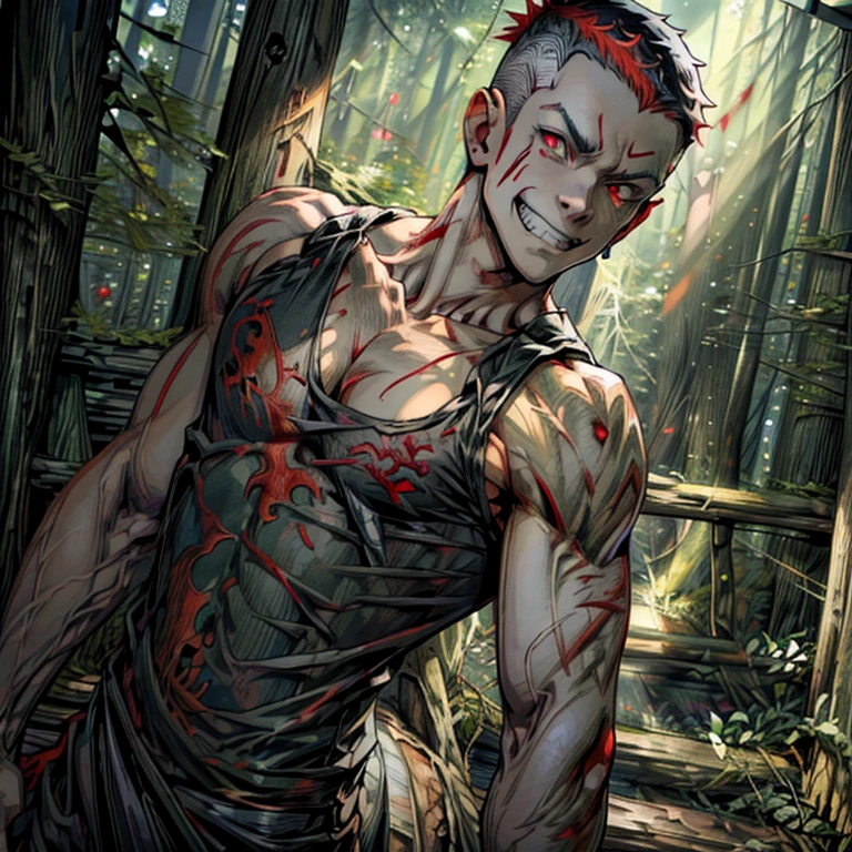 ((Anime)) Masterpiece, high quality, best quality, HD, perfect lighting, detailed face, detailed body, one male, short white hair  red highlights ((crew cut medium)) , white t-shirt, ((evil grin)) wicked smile pointed fange , void eyes, (( red scales on body)) , ((full ,  dutch angle )  ((dark dead forest back ground)  (tank top) 