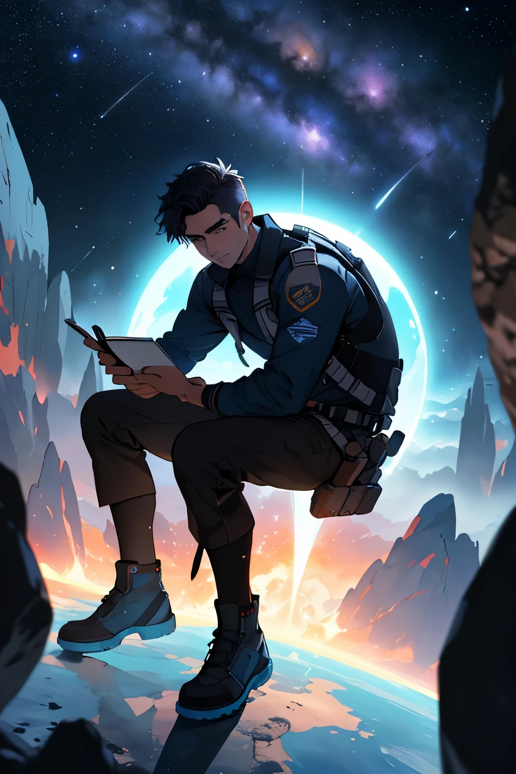 Dibuja un joven programador., sitting on a research platform floating in the middle of an asteroid belt. He is studying with a notebook., rodeado por varios asteroides que brillan con auras de fuego. Spectacular illumination of distant stars and planets illuminates the scene., proyectando sombras profundas sobre el traje. El joven parece confiado y decidido., mirando el vasto y misterioso universo con asombro y respeto,vello facial, tiro de vaquero,