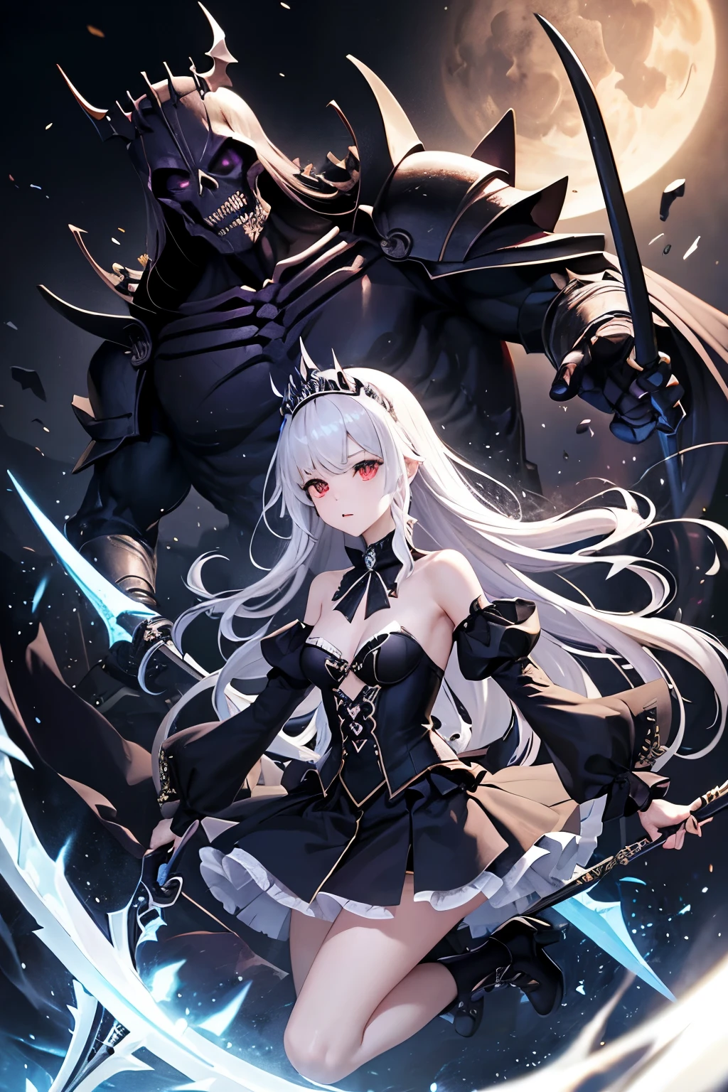 (((highest quality、Masterpiece、Normal body、8k、Detailed face、Ultra-precision、Normal hand、Normal finger、5Finger、supreme)))Golden and silver hair、Princess、Gorgeous Dress、White and black skirt、Shiny Tiara、night armor、metal boots、death scythe、grim Reaperの鎌、Grim Reaper、grim Reaper、Skeleton demon behind、Skeleton demon in background、Skeleton demon behind、Skeleton demon in the background、Chaos and Cosmos、Blood on the Sanctuary、temple、mysterious、Shining Sanctuary、nightmare、Bare skin