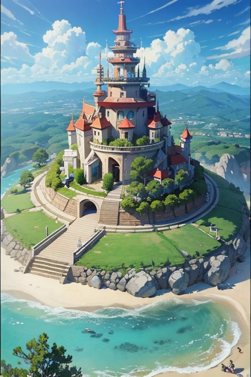 fantasy world, estilo isekai de anime, zona de comercio en la playa, estilo pixel art