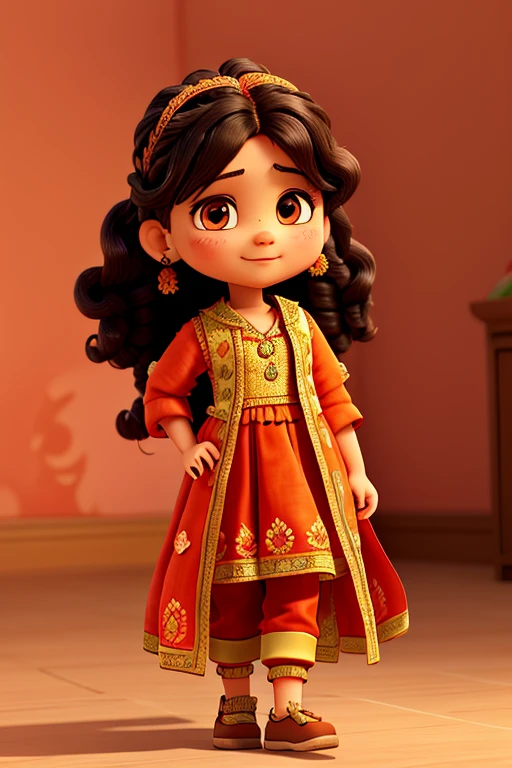 A little curly hair girl, 2 hair braidson front ,showing henna art on. hands, Watercolor, perfect quality, (masterpiece: 1.2) (Bokeh background) (Best quality) (Detailed Skin: 1.3) (Intricate Details) (8K) (Detail Eyes) (Sharp Focus), (Happy), best lighting, orange color lehnga , wearing pakistani brand Mohsin Naveed Ranjha Lehnga, cheering, fancy little one bag in hand, orange dress, red dupatta , wearing indian flip flop in feets, Red Rose Embroidery on dress, Pakistani Dupatta on head , little chubby, wearing full length trousers touching her ancles, Long hair to waist, Her hair is braided