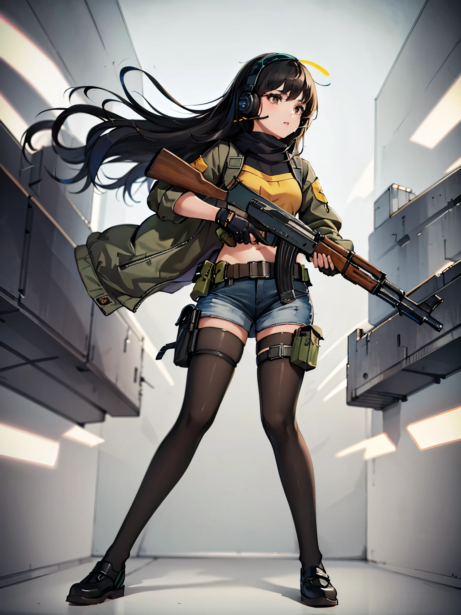 ((best quality)), ((masterpiece)), ((high res)), 1girl, muslim, brown eyes, full body, gloves, black hair, serious, stoic, headset, gun, holding and aiming gun, kalashnikov_rifle, holding weapon, holster, kochiy sanae, solo, thigh holster, thigh strap, trigger discipline, weapon, medium hair, matching pantyhose, tights, shorts