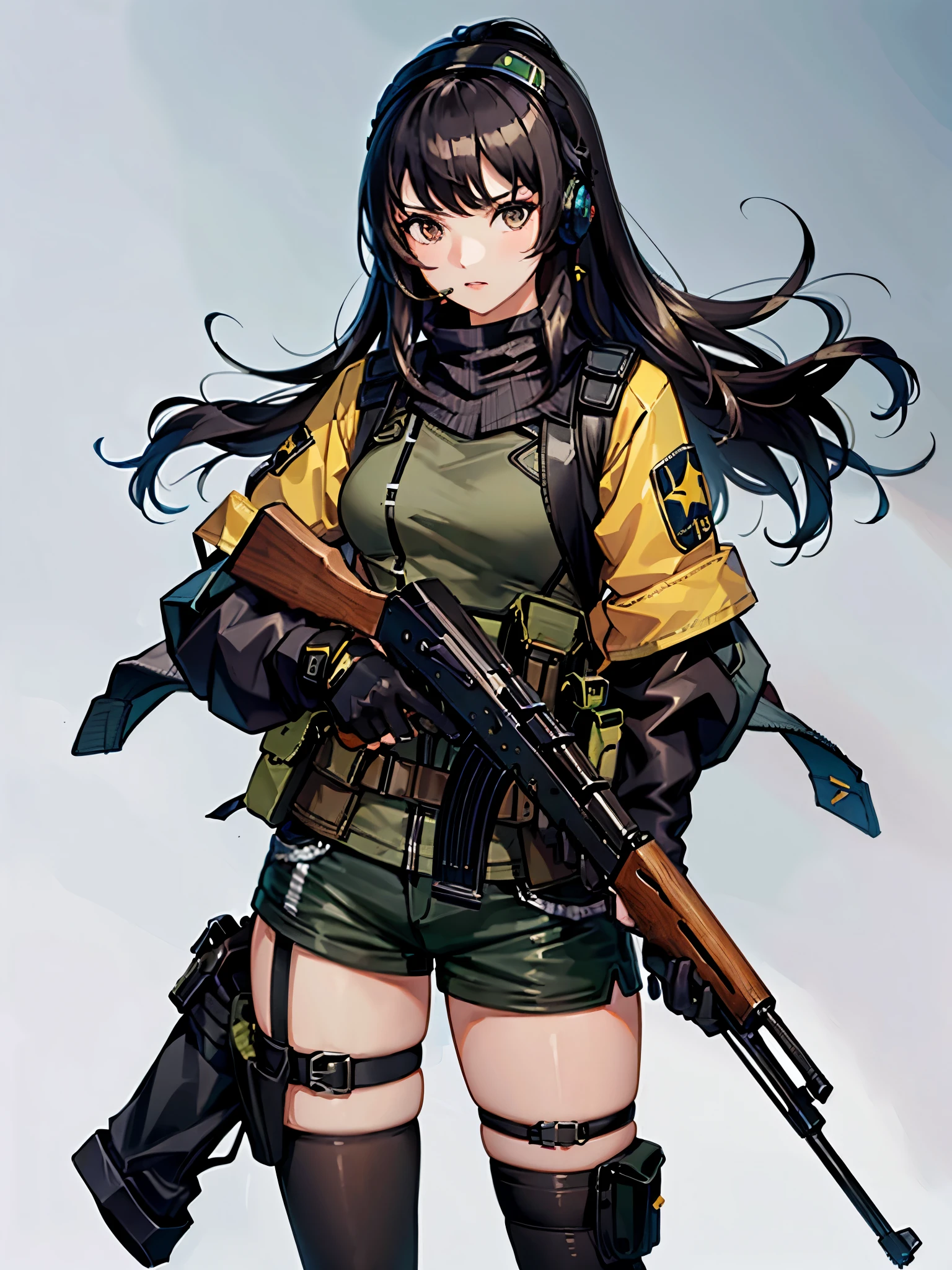 ((best quality)), ((masterpiece)), ((high res)), 1girl, muslim, brown eyes, full body, gloves, black hair, serious, stoic, headset, gun, holding and aiming gun, kalashnikov_rifle, holding weapon, holster, kochiy sanae, solo, thigh holster, thigh strap, trigger discipline, weapon, medium hair, matching pantyhose, tights, shorts