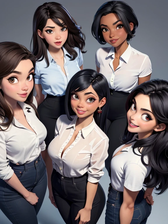 Perfect body, group of Young city girls, masterpiece, (solo:1.1), different ethnicities, different ages (18-45 years old), sexy, all fully clothed in different work outfits, big huge , small waists, round asses, perfect beautiful faces, big eyes, big smile, open mouth. Seen from above