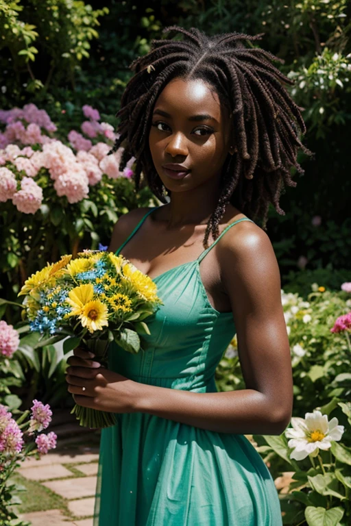 A girl in a garden, African, Dark skin, Dreads, cubism art period style,beautiful detailed eyes,beautiful detailed lips,extremely detailed eyes and face,longeyelashes,3D rendering,ultra-detailed,sharp focus,highres,physically-based rendering,portraits,vivid colors,studio lighting,bokeh,subtle color palette,sunlit garden+magical atmosphere,flowing summer dress,posing gracefully,holding a bouquet of vibrant flowers,birds singing in the background
