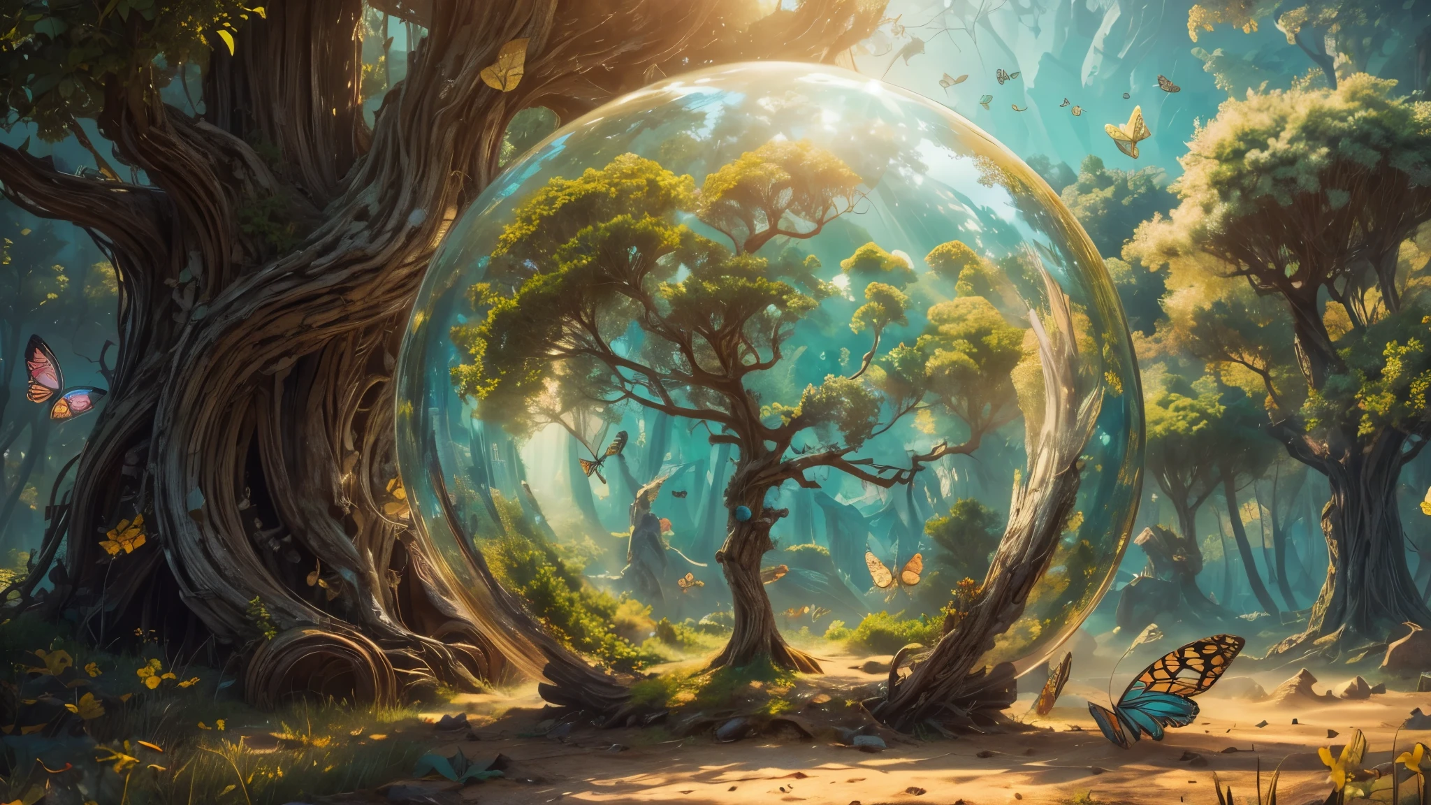 (masterpiece),(best quality:1.0), (ultra highres,), detailed, a glass ball with a tree inside of it, digital art, cg society contest winner, butterflies and sunrays, concept art design illustration, beautiful digital illustration, closed ecosystem