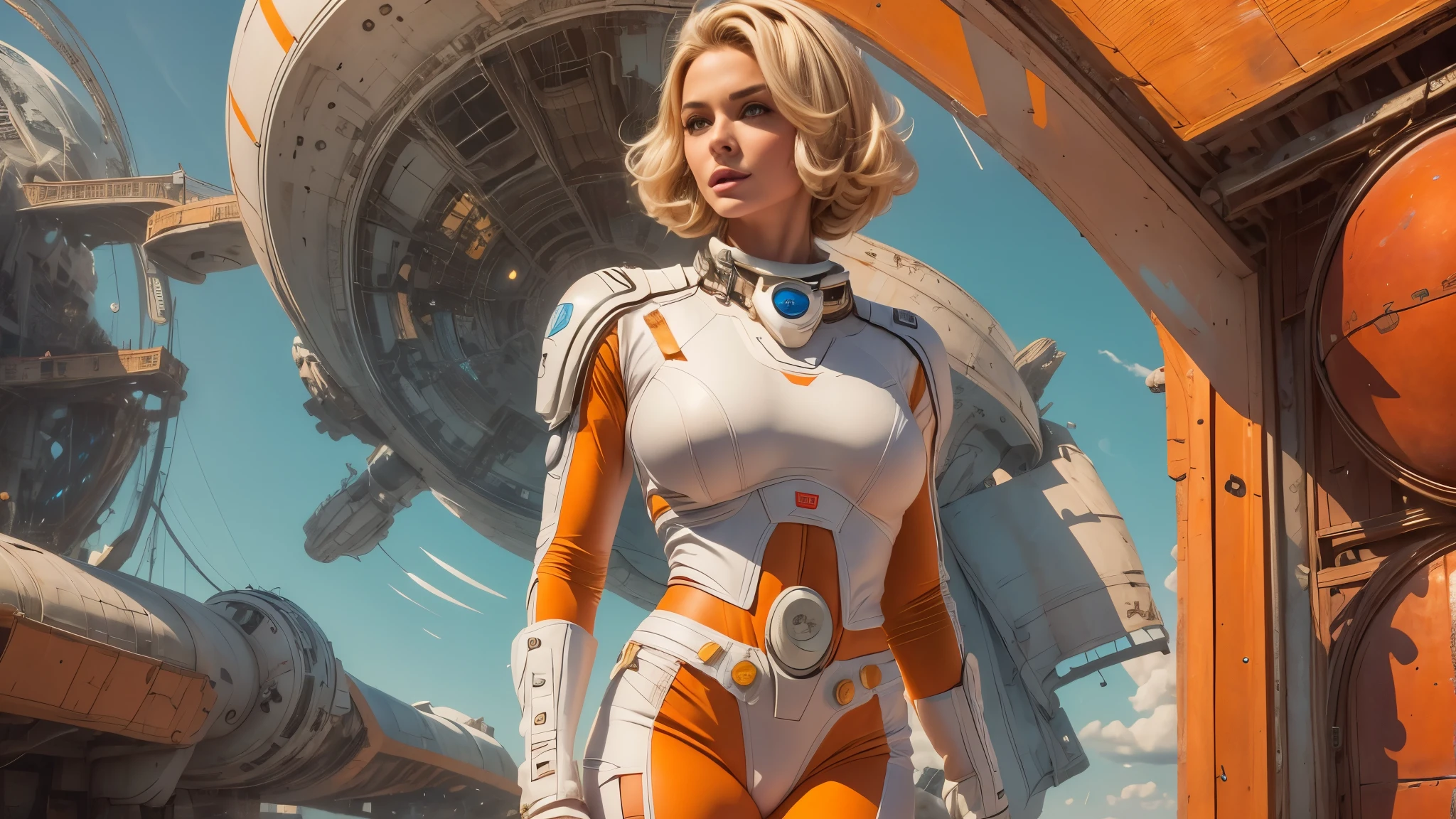 arafed image of a white woman in a futuristic suit with a spaceship in the background, movie art, in front of an orange background, inspired by Robert McGinnis, female protagonist, megastructure in the background, portrait of an ai astronaut, astronauts, an astronaut, portrait of a astronaut skeletor, perfect android girl, detailed eyes, perfectly detailed teeth, frank franzzeta and sakimichan