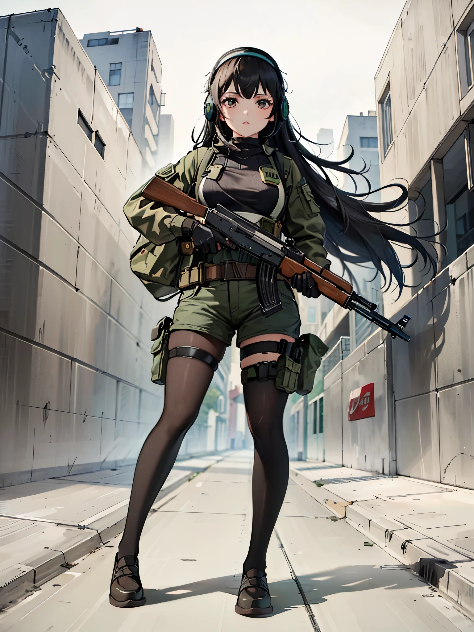 ((best quality)), ((masterpiece)), ((high res)), 1girl, muslim, brown eyes, full body, gloves, black hair, serious, stoic, headset, gun, holding and aiming gun, kalashnikov_rifle, holding weapon, holster, kochiy sanae, solo, thigh holster, thigh strap, trigger discipline, weapon, medium hair, matching pantyhose, tights, shorts