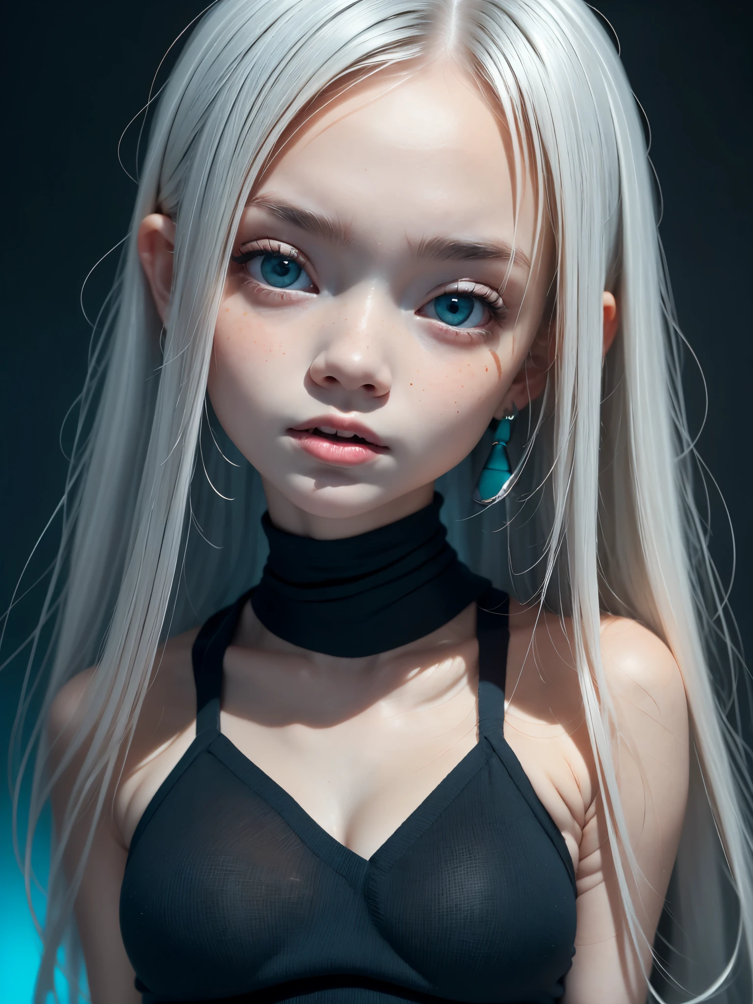 (best quality,highres),multicolor,1 girl,dark night,ash gray hair,(detailed gray eyes),looking at the viewer,upper body,face-to-face audience,limited palette,black background,turquoise light.Superhero girl (“Elle Fanning”), (slender body: 1.3), (full height), (beautiful legs), (small round peach breasts), (sexy). Shining, sparkling, neon, (Correct anatomy: 1.4), Open bikini. A very beautiful, well-groomed girl, with clear skin, beautiful lips and a slight smile on her face. Beautiful figure, modern clothes, cool modern couture dress. Sexually. Presentation background, neutral gray-blue, in virtual space. Top quality, 16k Full HD, cinematic rendering. Create a piece of art that captures the unique beauty of baby Michela..., renowned digital influencer. Focus on her unique facial expression as she looks straight into the camera, trying to capture the intensity of her piercing blue eyes. Capture her signature style with a Spanish-inspired updo styled in two carefully crafted hairpieces. Add details that reflect her charming and avant-garde personality. We tried to convey the aura of modernity and originality that characterizes Lil Miquela in the digital world. A few freckles and nevi, long hair, braided hair.