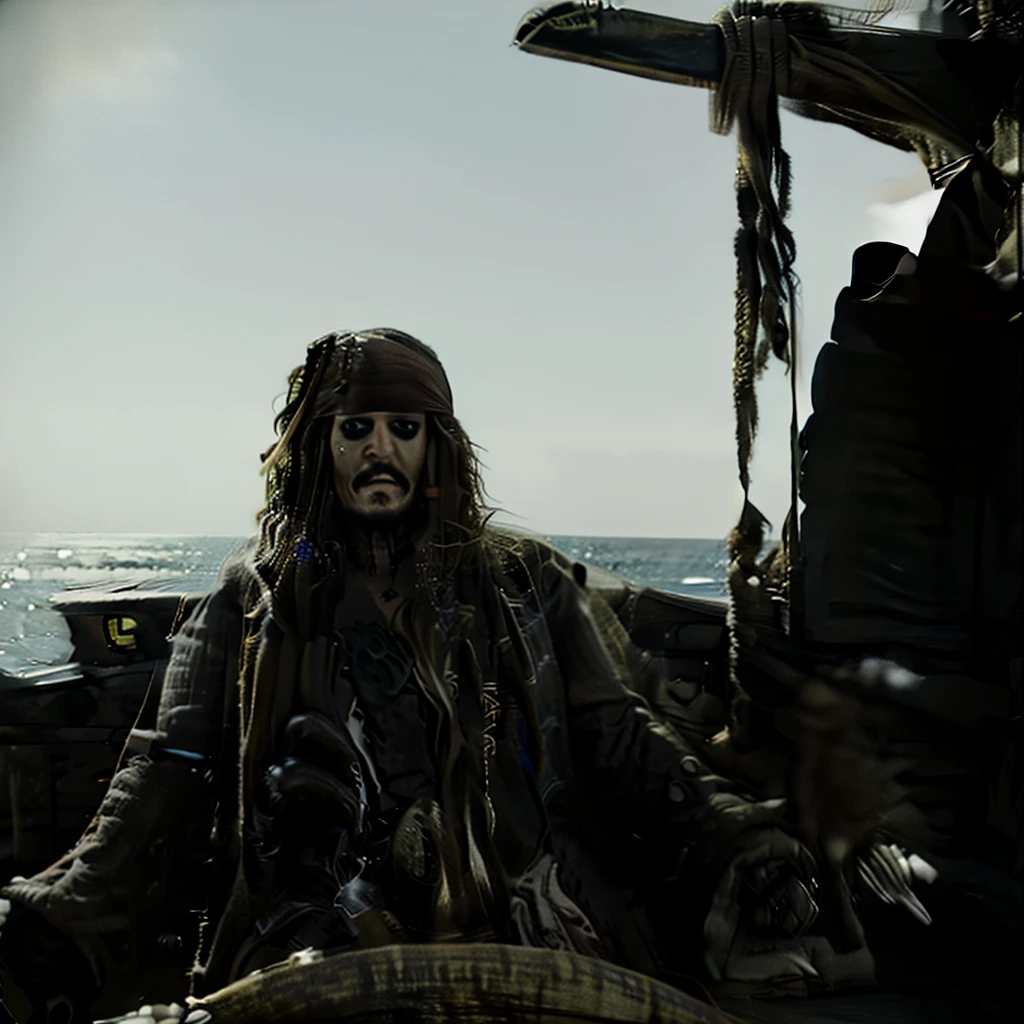 Hyper realistic photo perfect jack sparrow, on the black pearl at the helm, on the open sea