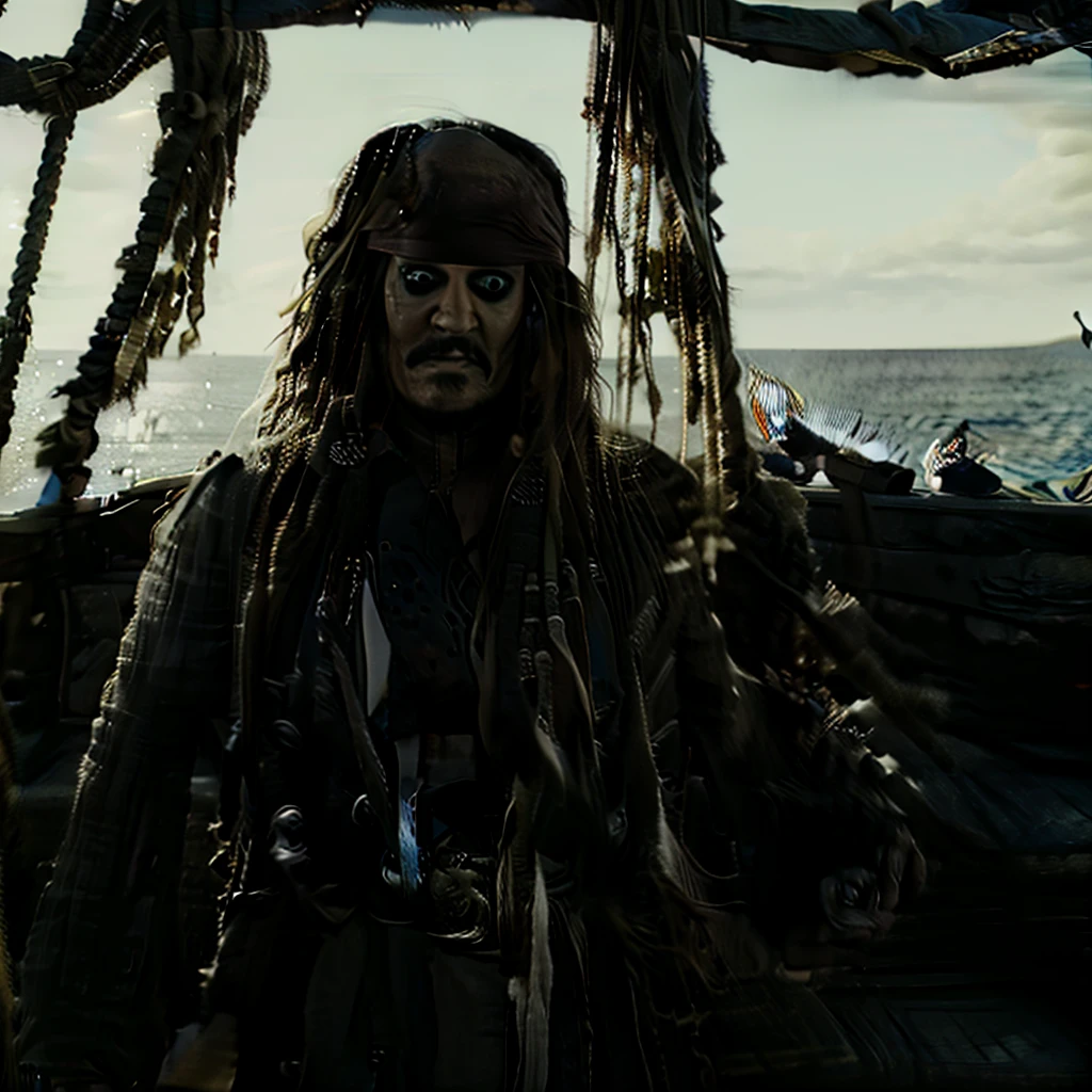 Hyper realistic photo perfect jack sparrow, on the black pearl at the helm, on the open sea