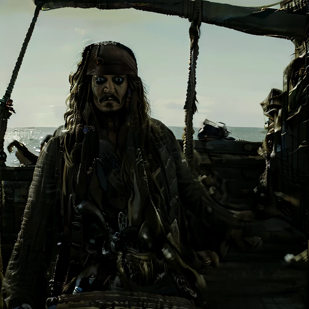 Hyper realistic photo perfect jack sparrow, on the black pearl at the helm, on the open sea