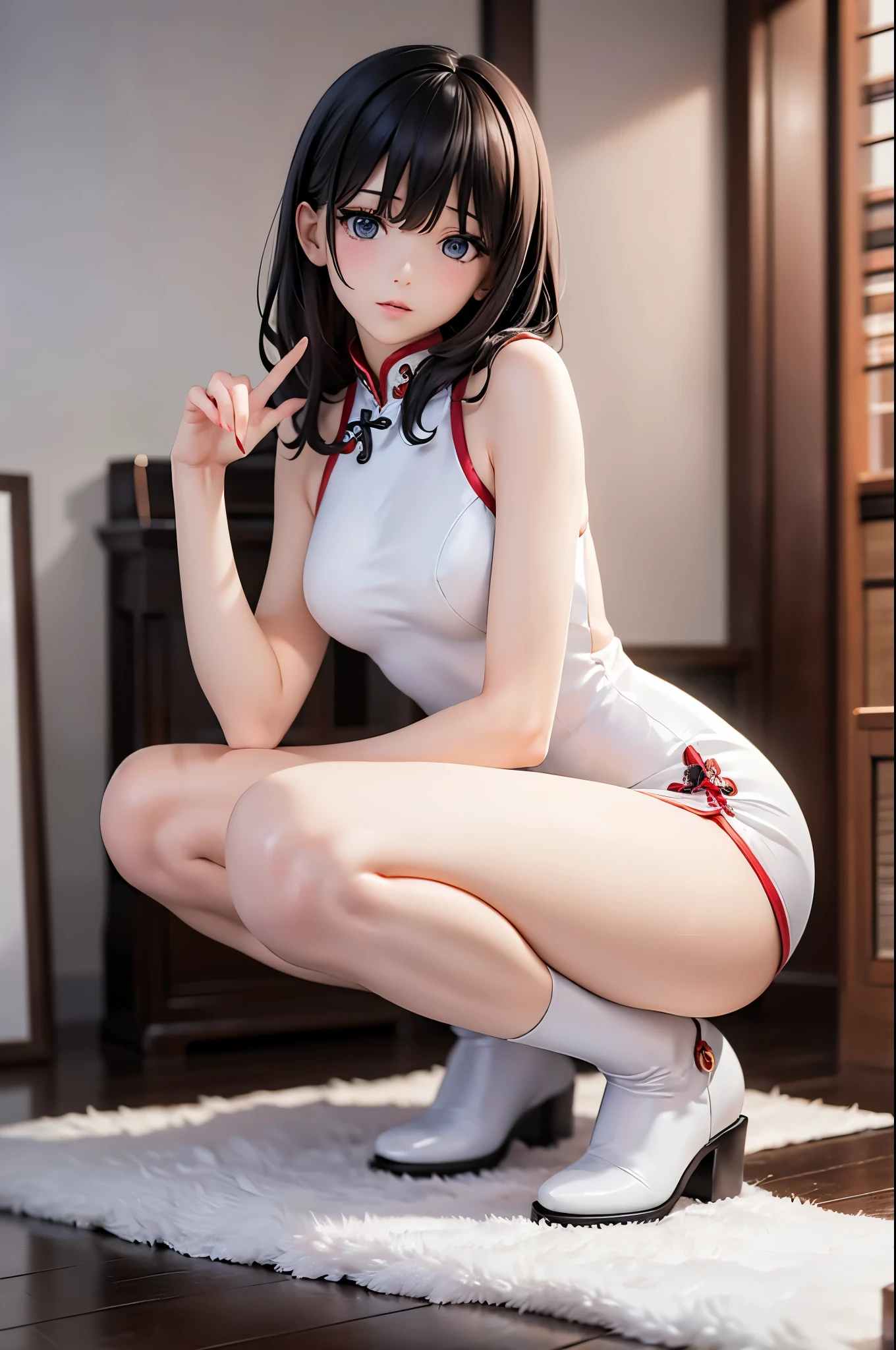 a sexy woman, (best quality), (masterpiece), (1girl), slim, anime, tall, (flat chested), (chinese dress), (protrait), (half squat pose)
