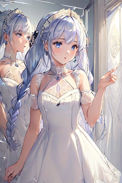 (masterpiece:1.8), ((ultra quality)), ((super fine illustration)), ((stunning cg)), (perfect anatomy:1.2), limb and hand and finger and arm, hands finger 5 digits, 
1girl, solo, from front, ((very beautiful and cute girl)), ((16years old girl)), ((gradation colored hair silver:1.4 pale blue:0.6)), (super long hair), bang, braid, fine detailed blue eyes, small bast, ((curtsey)), (covered creavege), (collarbone), jewelry, earrings, parted lips, ((lace trimmed white dress:1.8)), ((gold trimmed white dress)), ((halterneck dress:1.6)), (see-through), covered navel, skindentation, ((Silver embroidery)), ((silver embroidery on the hem)), ((floral embroidery)),
(best shadow:1.3),
(soft shadow:1.1),
(beautiful shadow:1.3),
(beautiful reflection:1.3),
(Prismatic light),
(sparkling light),
(beautiful light),
(fantastical light),
(prismatic reflection),
(soft reflection:1.3),
(natural reflection:1.2),