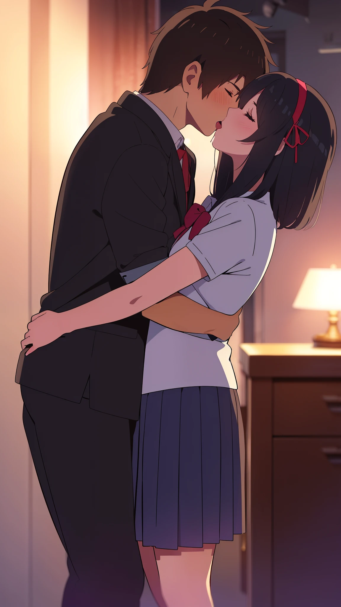 shinkai makoto, kimi no na wa., 1girl, 1boy, bangs, black hair, short hair, blush, ,  (boy wear black pants), ((girl wear blue skirt, red headband, red ribbon)), shirt, white shirt, short sleeves, cute, love, couple, adorable, dating, (((kiss, deep kiss, tongue, saliva))), closed eyes, passionate hug, dynamic light, valentine background, In a romantic atmosphere, Feel the romantic theme of Valentine's Day