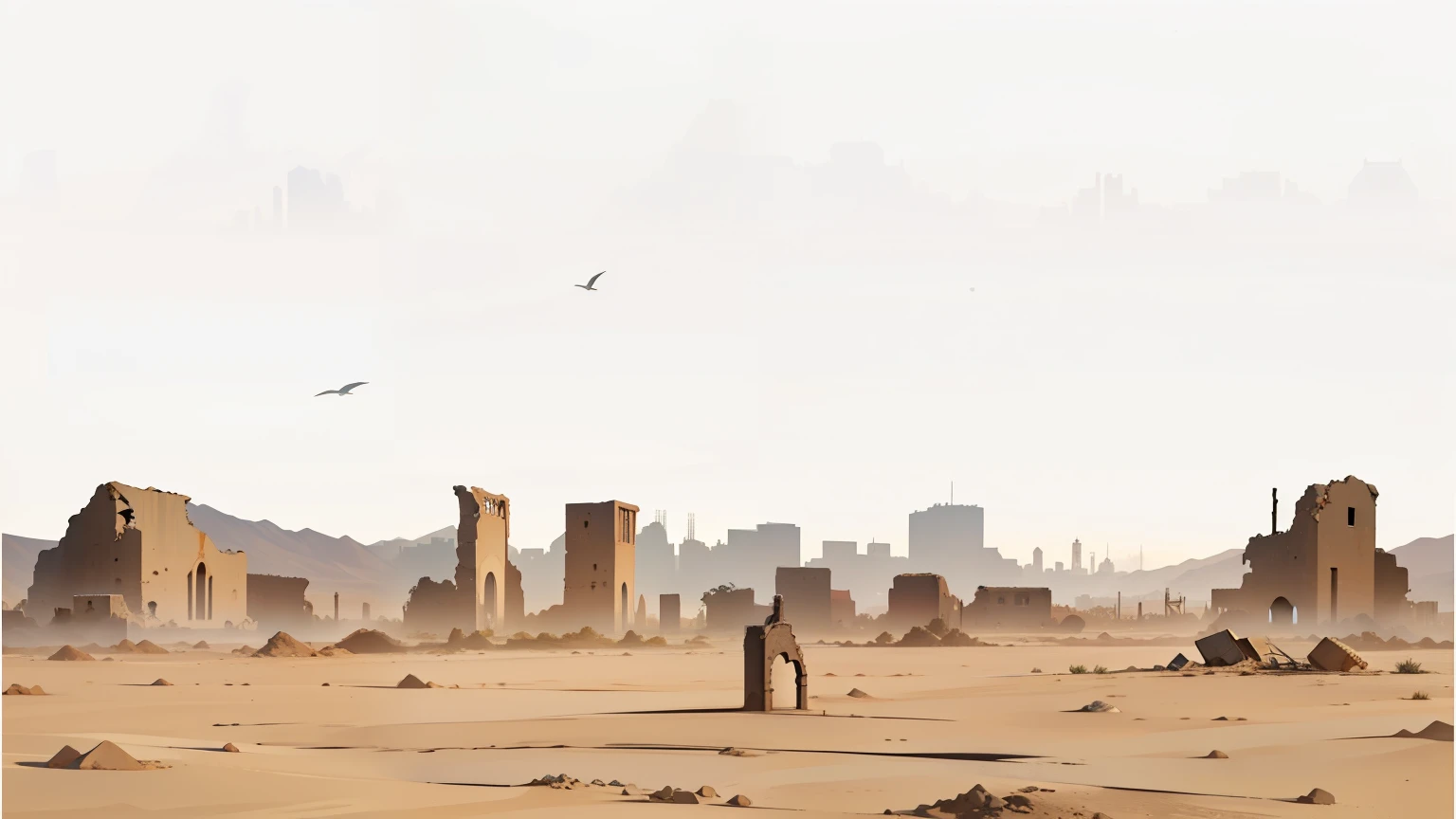 there is a photo of a desert with a ruin in the background, cidade no deserto, city in ruins in the background, The background is a city in ruins, city in ruins in the background, paisagem urbana arruinada, Cidade do deserto, ruins of bombed cityscape in the distance, paisagem da cidade antiga, outdoors paisagem urbana arruinada, Deserto Deserto, panorama da cidade antiga torta, ruins in background, background of city ruins, muita poeira, Much smoke, a lot of pollution.