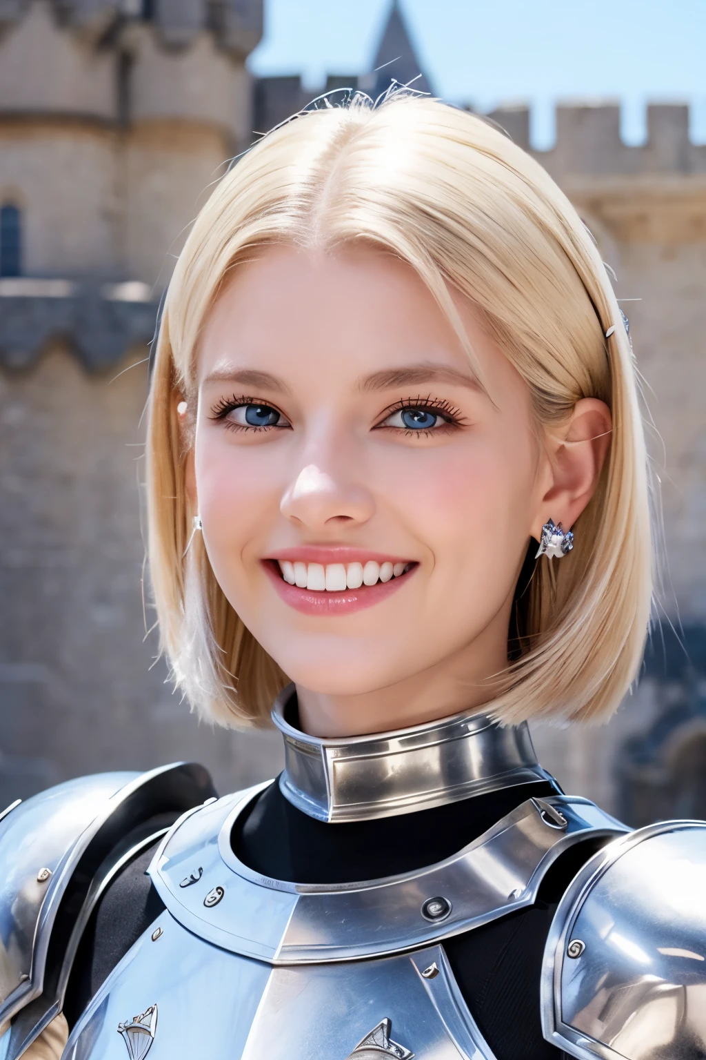 8K、highest quality、female knight、Luxurious Silver Armor、、hairstyle short cut、smile、Beautiful Teeth、Full body photo、ear piercing、blonde、White woman、blue eyes、Heavy makeup、The background is inside the castle