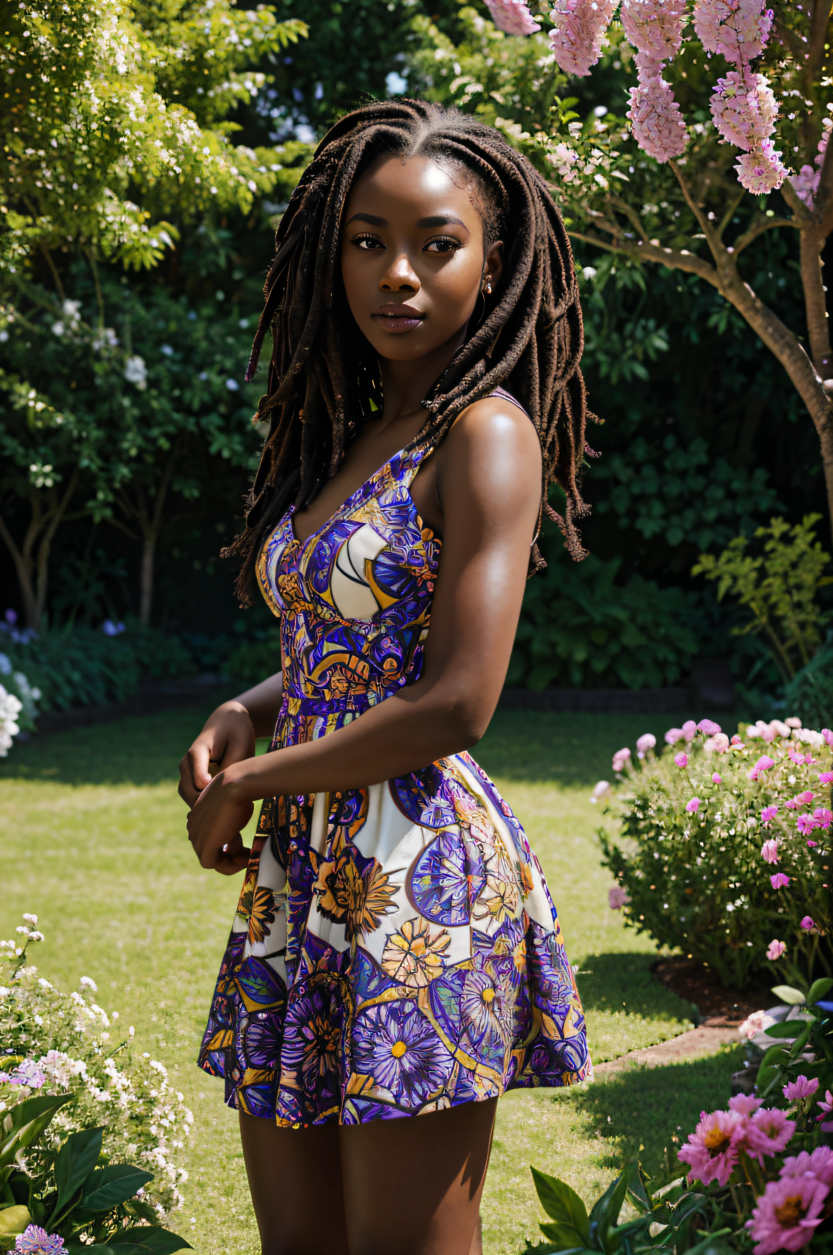 A girl in a garden, African, Dark skin, Dreads, cubism art period style,beautiful detailed eyes,beautiful detailed lips,extremely detailed eyes and face,longeyelashes,3D rendering,ultra-detailed,sharp focus,highres,physically-based rendering,portraits,vivid colors,studio lighting,bokeh,subtle color palette,sunlit garden+magical atmosphere,flowing summer dress,posing gracefully,holding a bouquet of vibrant flowers,birds singing in the background