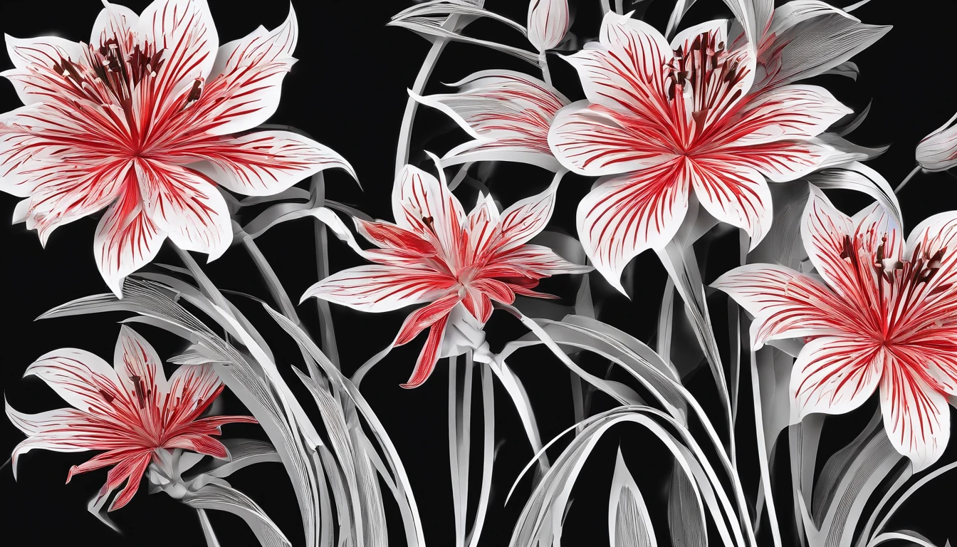 high quality, detailed, red spider lilies, Neon, Black background, contrast