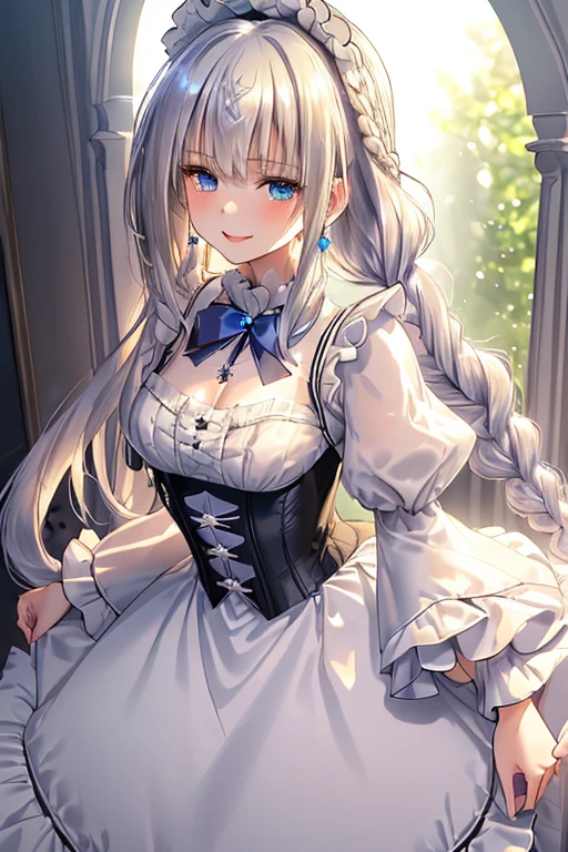((masterpiece 1.8)),ultra-detailed, 8K, High resolution, best quality, (stunning cg), ((1girl)), ((solo)), from front, looking at viewer, close up, ((very beautiful and cute girl)), ((16years old graceful girl)), (silver hair), (super long hair), ((fine detailed blue eyes)),
((small bast)), ((bangs:1.2)), ((french braid:1.2)), ((slender:1.8)), jewelry, earrings, parted lips, corset dress, high collar, bow, ((frilled sleeves:1.4)), ((tired layers skirt)), cascade ruffles, lots of ruffles, lace ruffles, (graceful smile:1.8), (goddess-like happiness:1.6), (best shadow:1.3),
(soft shadow:1.1),
(beautiful shadow:1.3),
(beautiful reflection:1.3),
(Prismatic light),
(sparkling light),
(beautiful light),
(fantastical light),
(prismatic reflection),
(soft reflection:1.3),
(natural reflection:1.2),
(blurry tone),
(sense of depth:1.5),