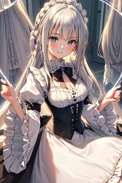 ((masterpiece 1.8)),ultra-detailed, 8K, High resolution, best quality, (stunning cg), ((1girl)), ((solo)), from front, looking at viewer, close up, ((very beautiful and cute girl)), ((16years old graceful girl)), (silver hair), (super long hair), ((fine detailed blue eyes)),
((small bast)), ((bangs:1.2)), ((french braid:1.2)), ((slender:1.8)), jewelry, earrings, parted lips, corset dress, high collar, bow, ((frilled sleeves:1.4)), ((tired layers skirt)), cascade ruffles, lots of ruffles, lace ruffles, (graceful smile:1.8), (goddess-like happiness:1.6), (best shadow:1.3),
(soft shadow:1.1),
(beautiful shadow:1.3),
(beautiful reflection:1.3),
(Prismatic light),
(sparkling light),
(beautiful light),
(fantastical light),
(prismatic reflection),
(soft reflection:1.3),
(natural reflection:1.2),
(blurry tone),
(sense of depth:1.5),