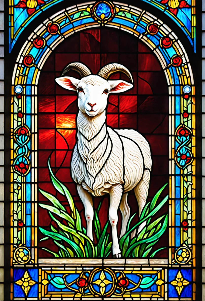 (best quality,4k,8k,highres,masterpiece:1.2),ultra-detailed,(realistic,photorealistic,photo-realistic:1.37),Colorful stained glass window, with an embedded small lamb, without horns, lying in the center; a crown of thorns next to the lamb, drops of blood falling from the thorns; luminous colors, vibrant hues, fine details, glass texture, light shining through the window, divine atmosphere, shadows and reflections, artistic interpretation, stained glass art, richly detailed design, sacred images, dazzling visual impact, traditional craftsmanship, craftsmanship meticulous, fascinating patterns, translucent beauty, sacred radiance, varied color palette, illuminated works of art, spiritual significance, serene atmosphere, ethereal glow, subtle gradations, brilliant luminosity, sacred illumination, transcendent aura, intricate motifs, captivating art, divine light ,relaxing tranquility, elegant contours, religious devotion, dynamic composition, harmonious balance, emotional depth, spiritual journey, symbolic representation, impressive spectacle, peaceful contemplation.